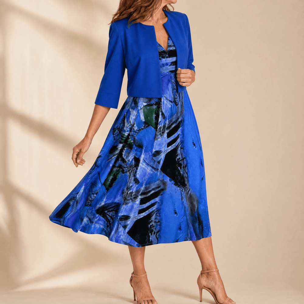 Phaeline – Women's Printed Midi Dress with Attached Cardigan