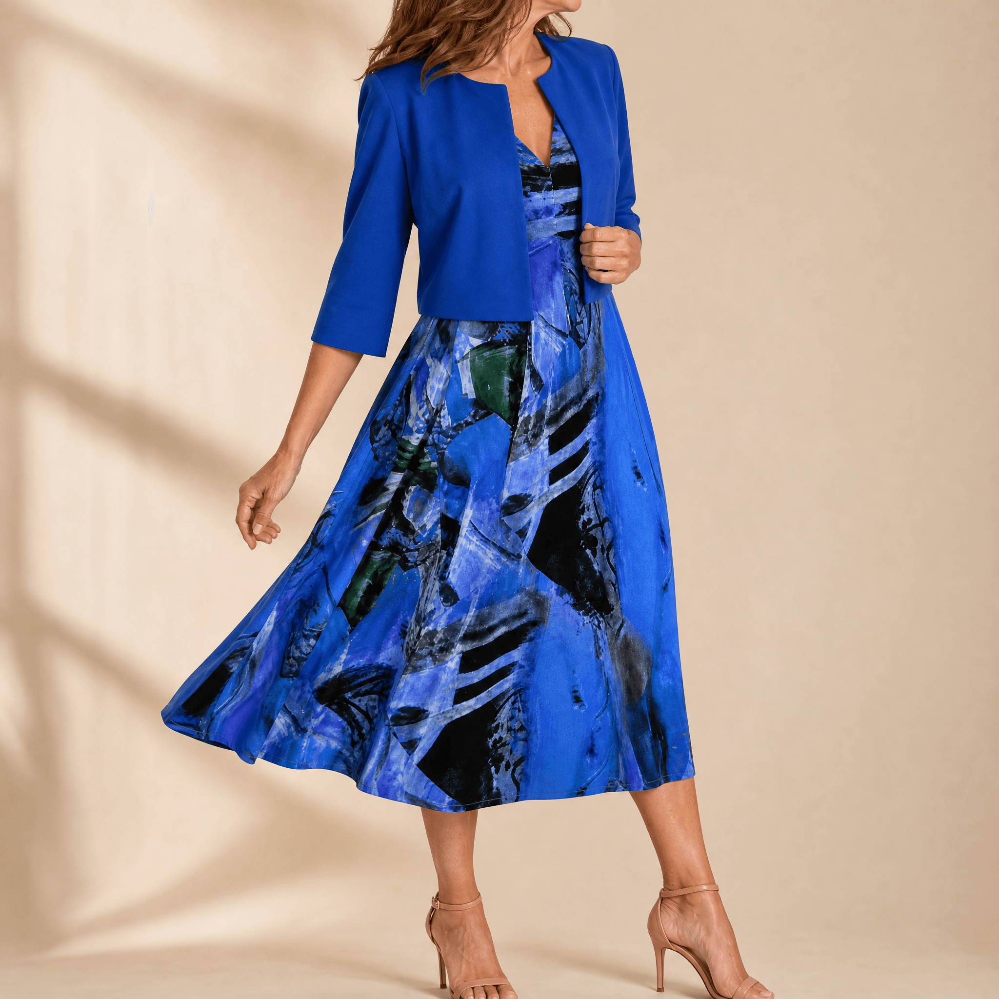 Phaeline – Women's Printed Midi Dress with Attached Cardigan
