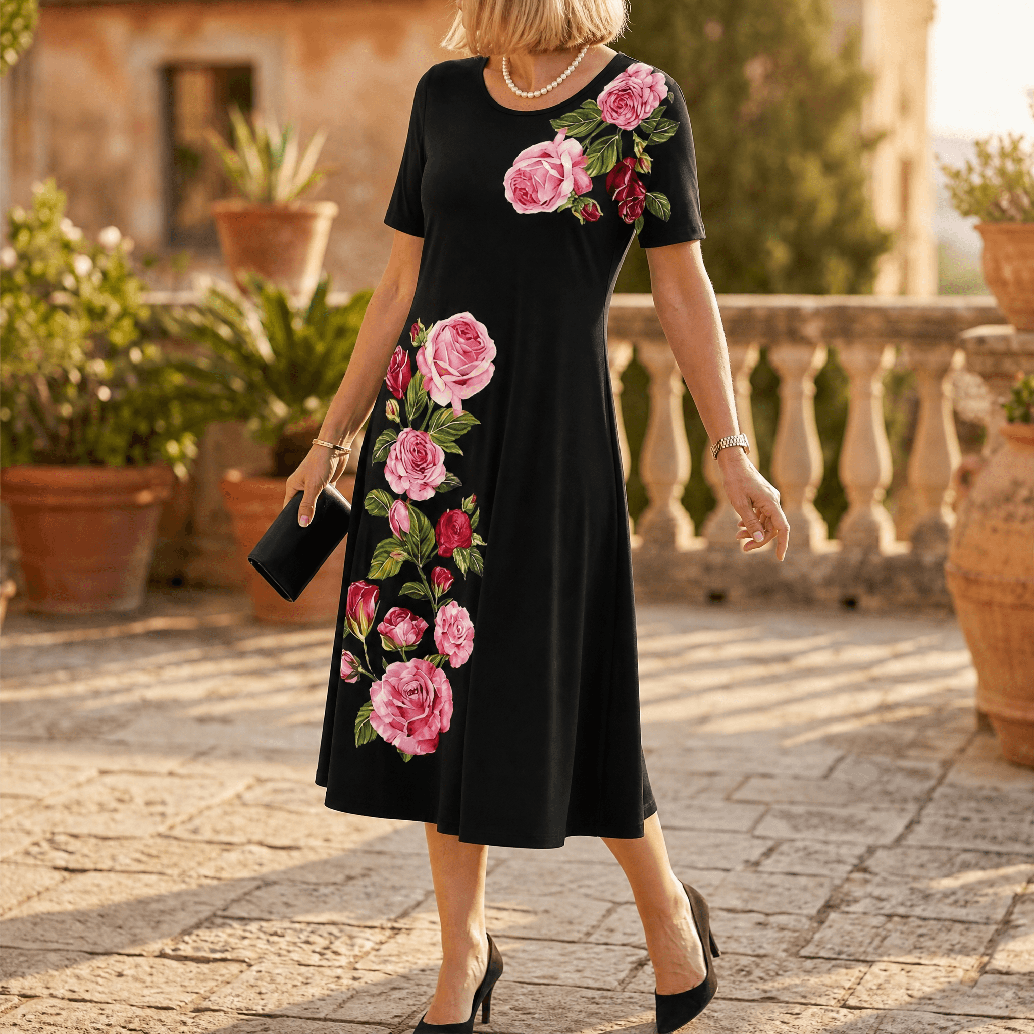 Rosalia – Women's rose print A-line midi dress