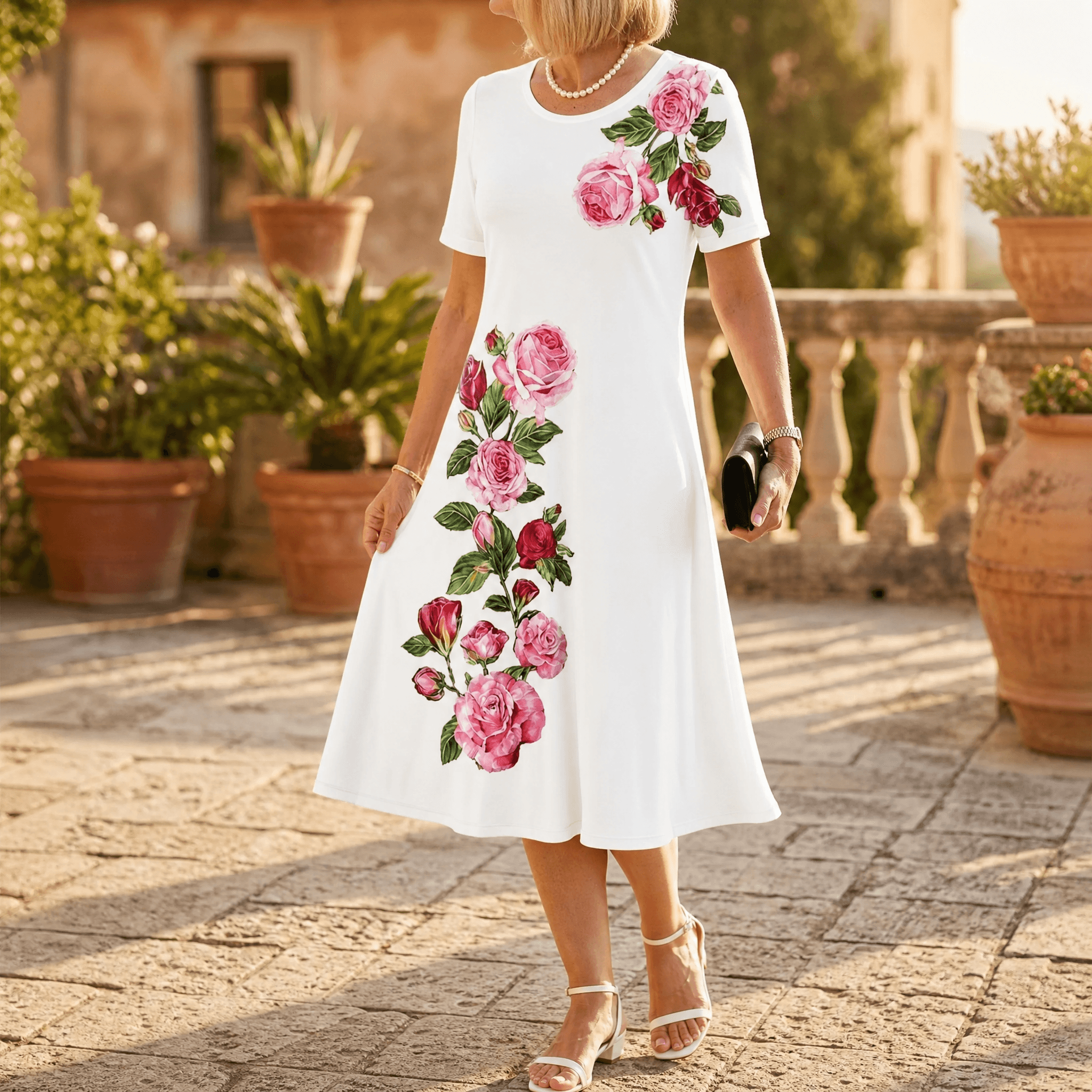 Rosalia – Women's rose print A-line midi dress