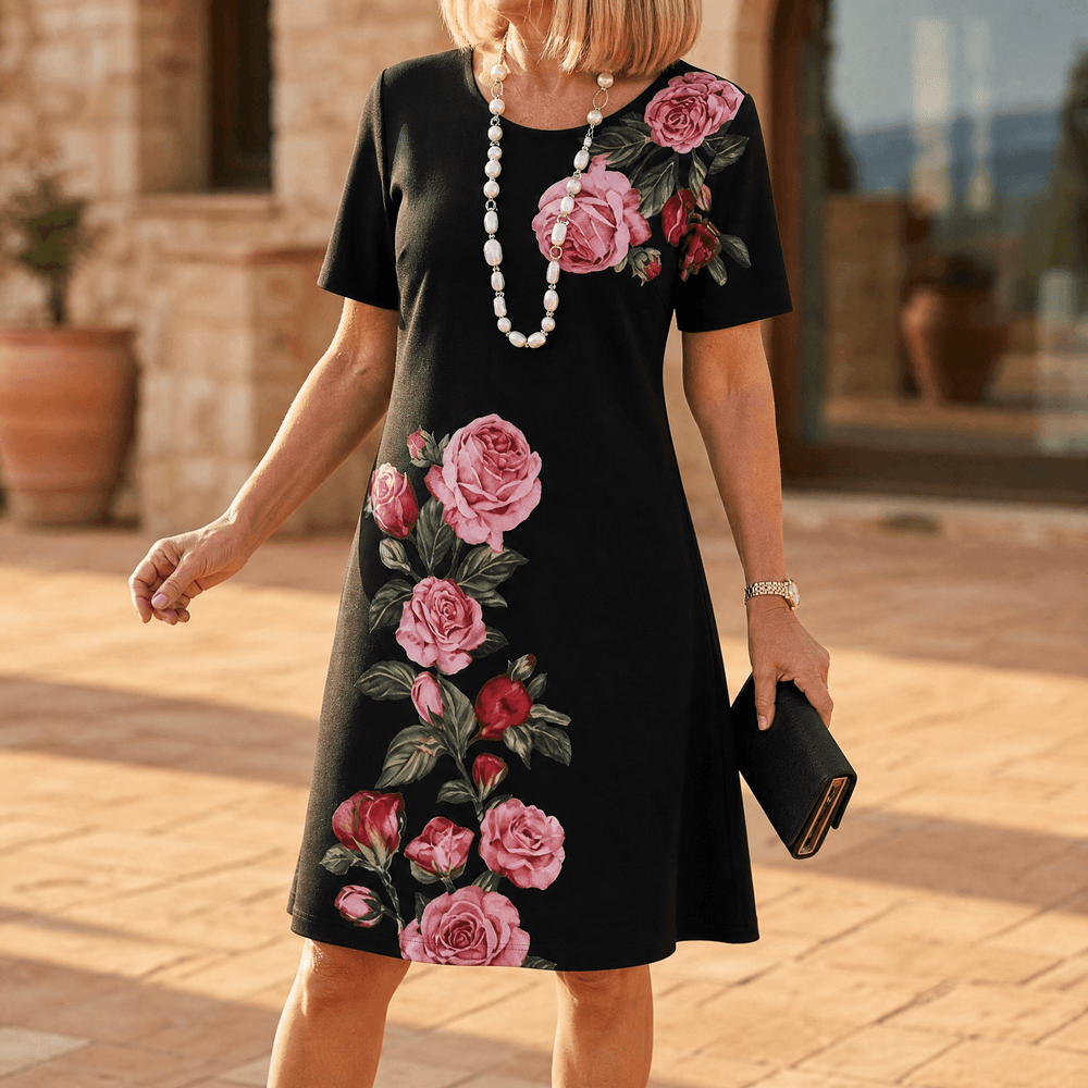 Rosella – Women's Rose Print A-Line Midi Dress