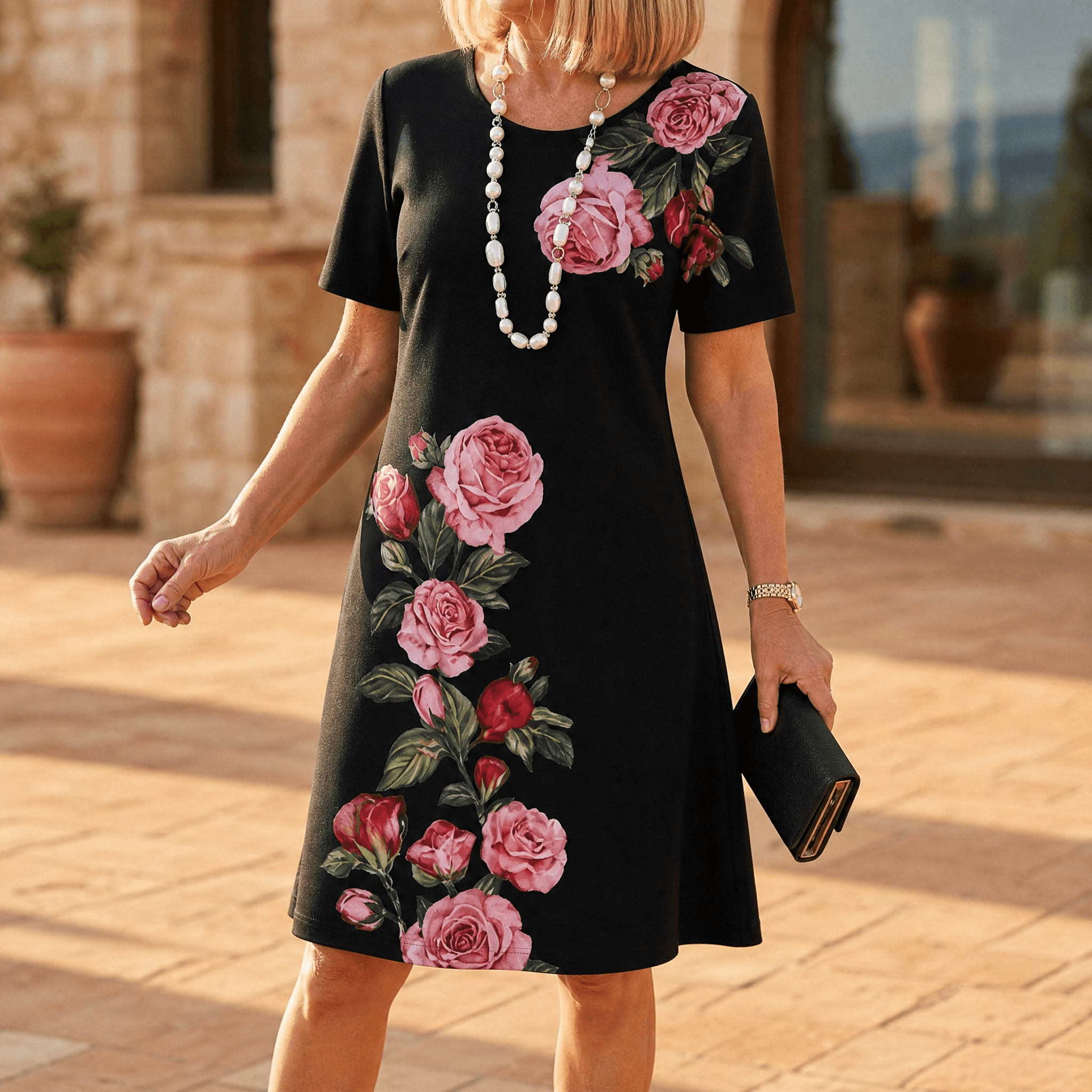 Rosella – Women's Rose Print A-Line Midi Dress