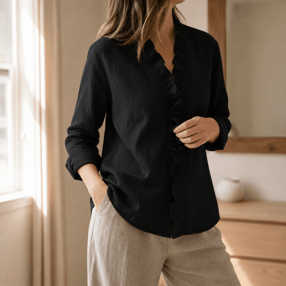 Roselle - Soft Ruffle V-Neck Long Sleeve Blouse