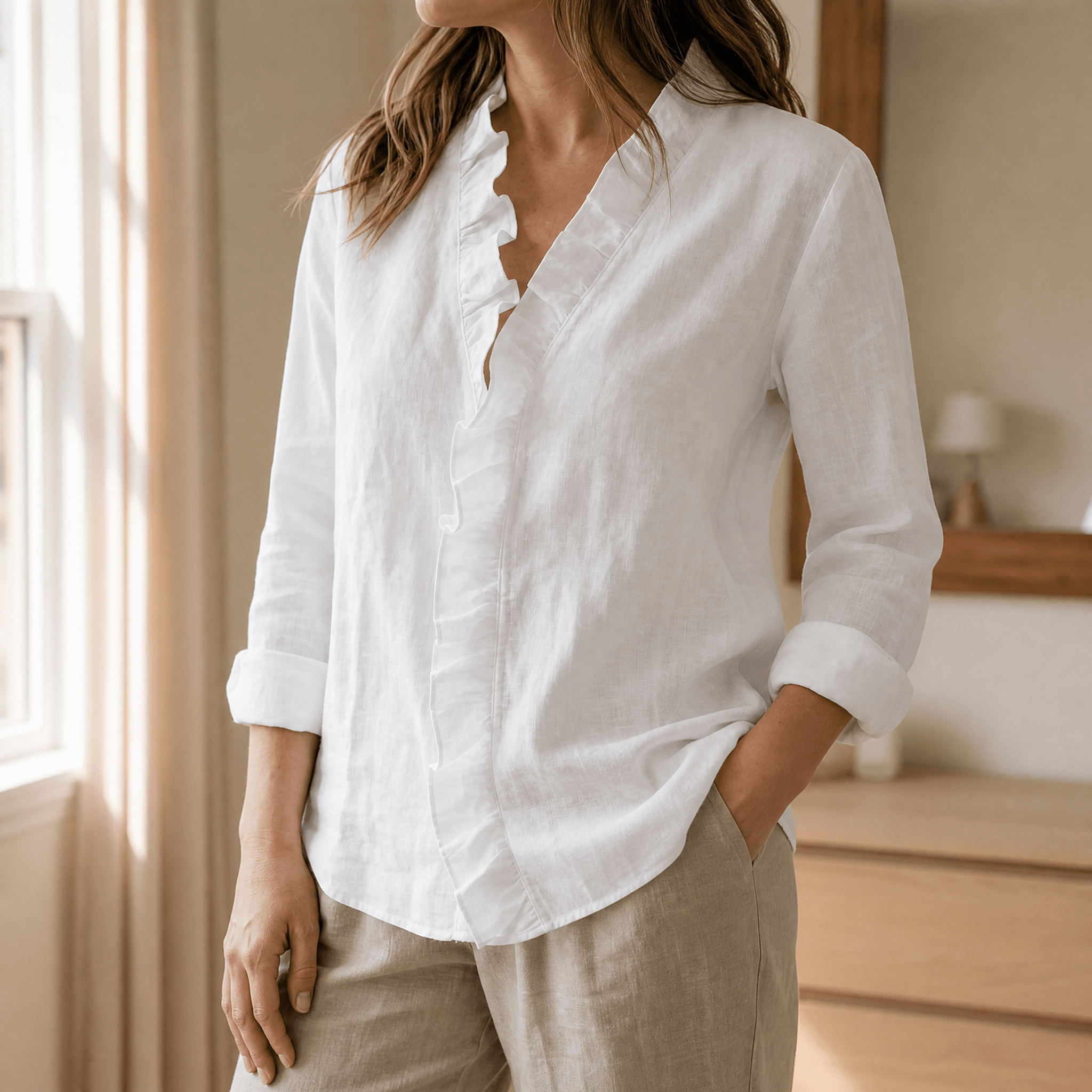 Roselle - Soft Ruffle V-Neck Long Sleeve Blouse