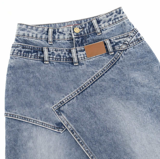 Saviera – Asymmetric Layered Denim Maxi Skirt with High Front Slit