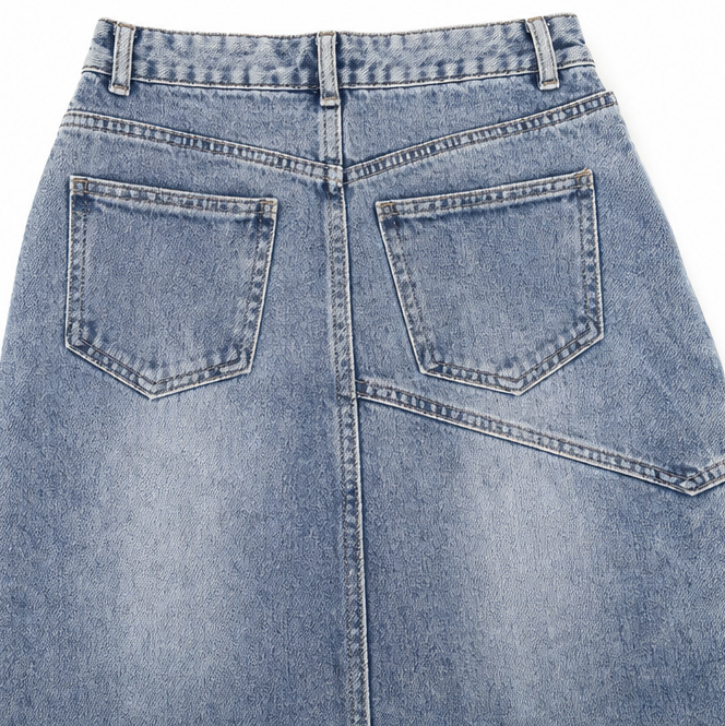 Saviera – Asymmetric Layered Denim Maxi Skirt with High Front Slit