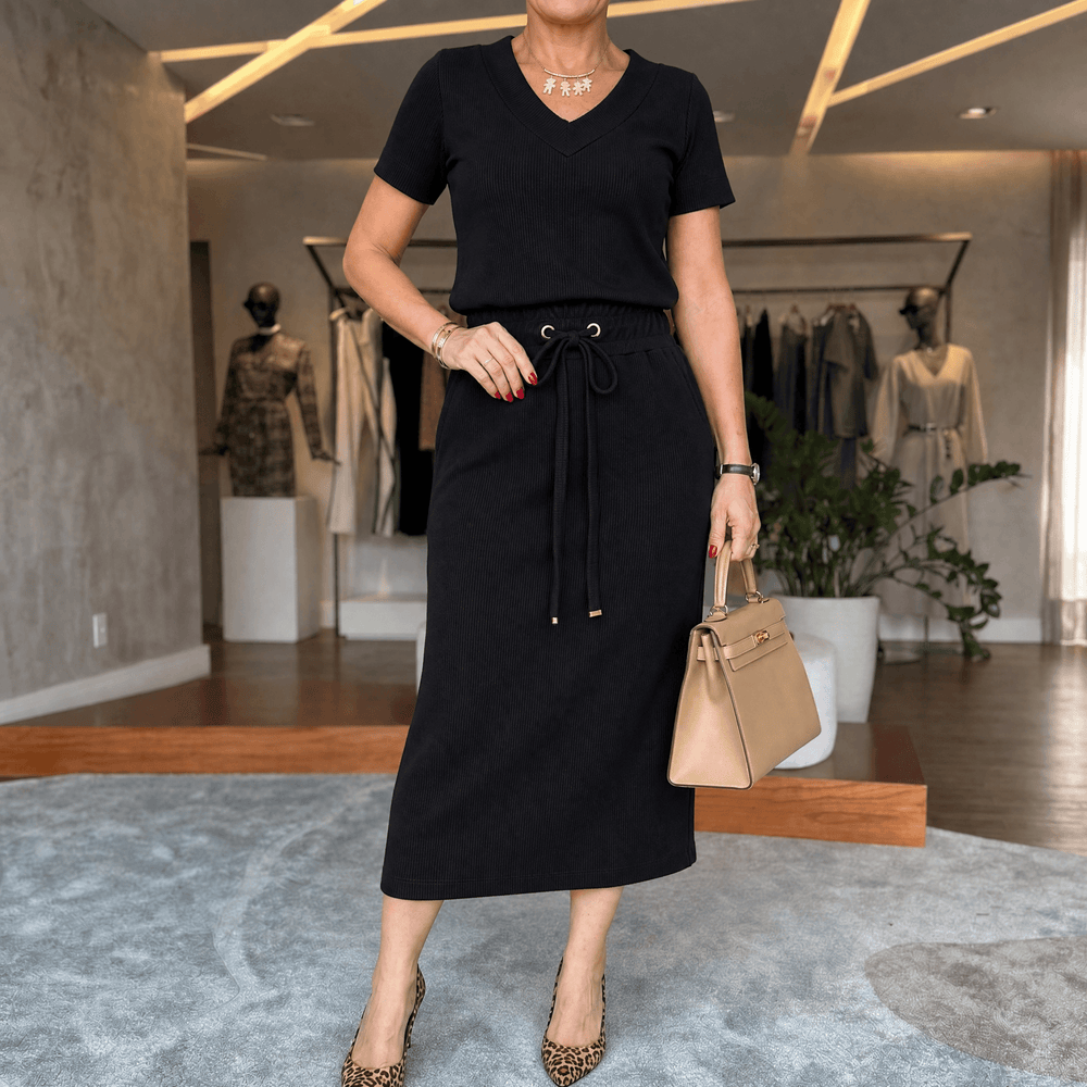 Saviya – Women's Ribbed V-Neck Top and Midi Skirt Set