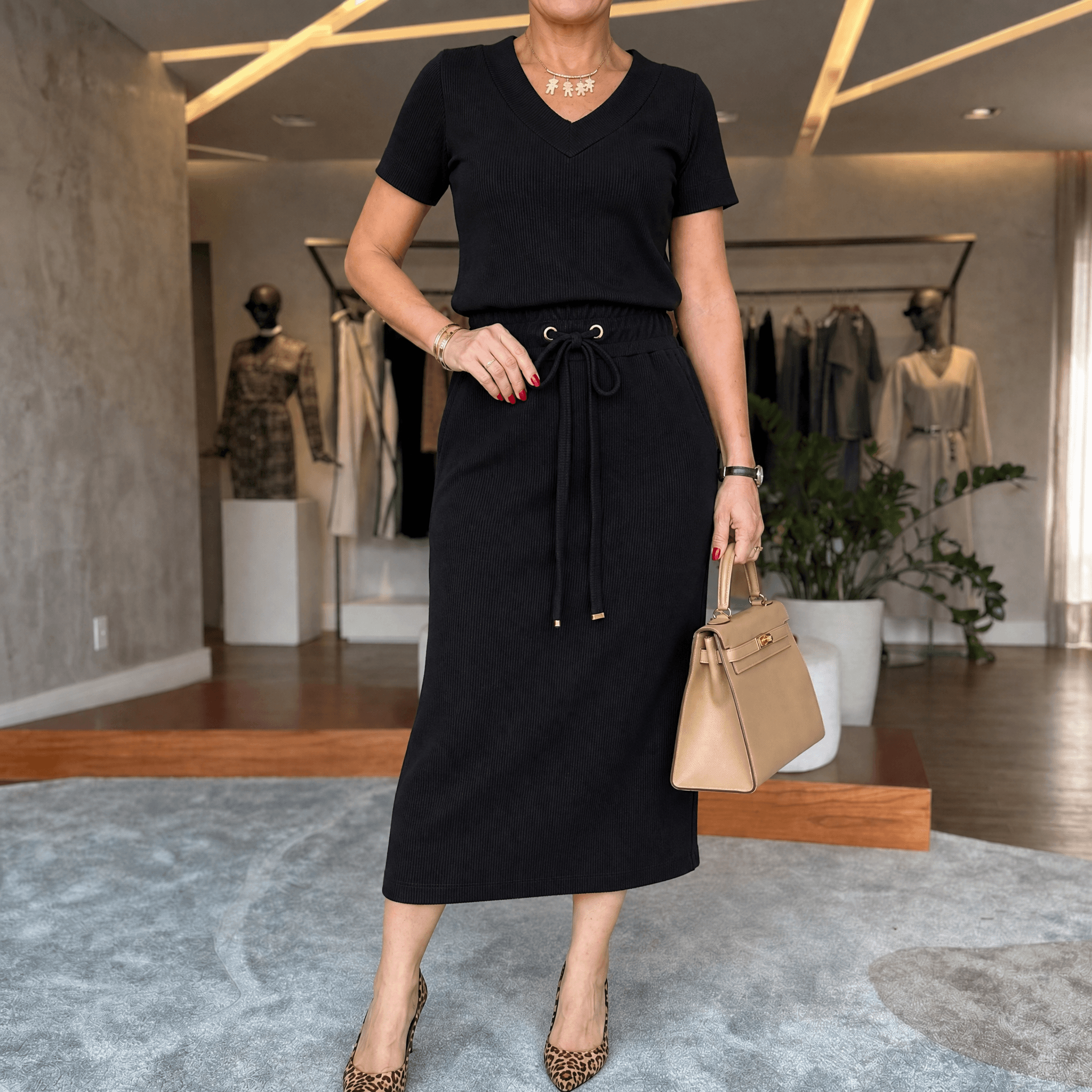 Saviya – Women's Ribbed V-Neck Top and Midi Skirt Set