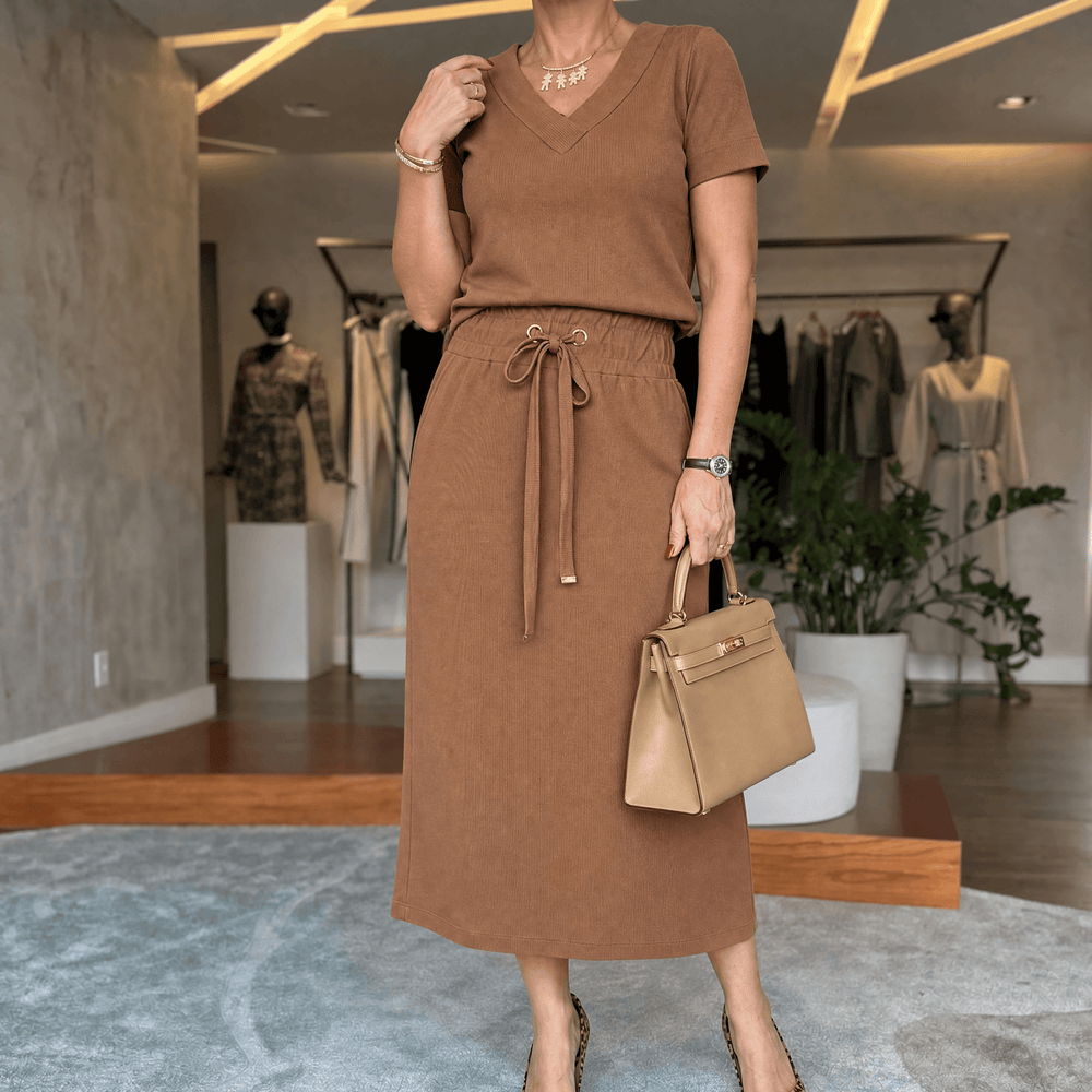 Saviya – Women's Ribbed V-Neck Top and Midi Skirt Set