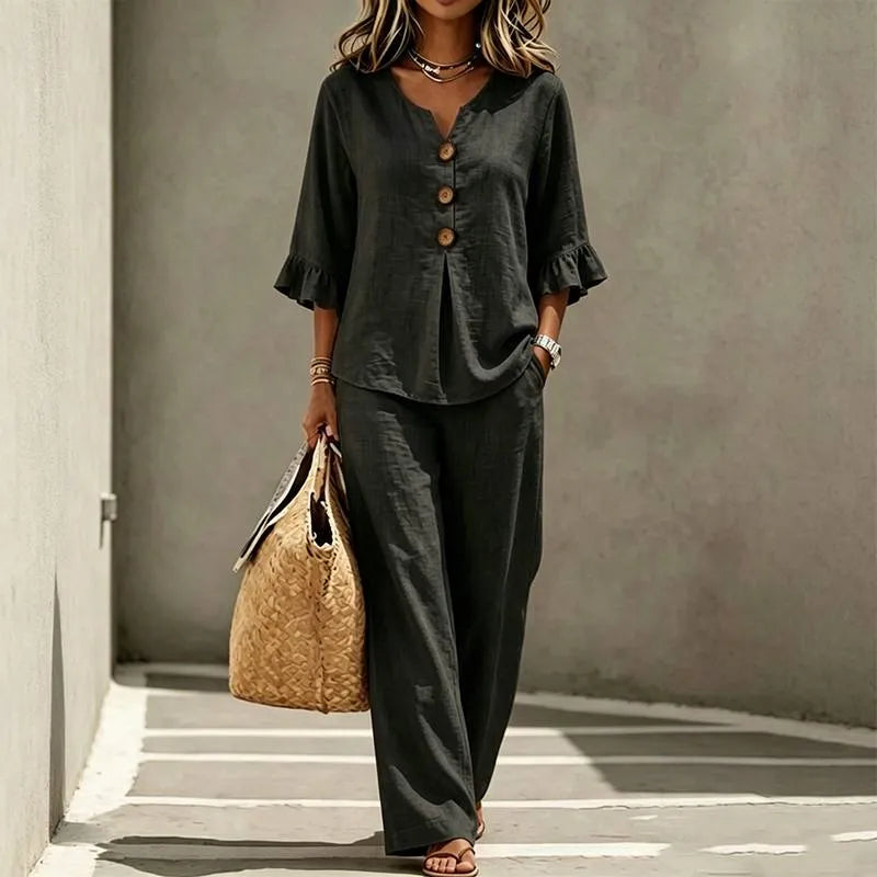 Lunavia – Linen-Look 2-Piece Set, Ruffle-Cuff Top & Wide-Leg Trousers, Women's Coordinated Outfit
