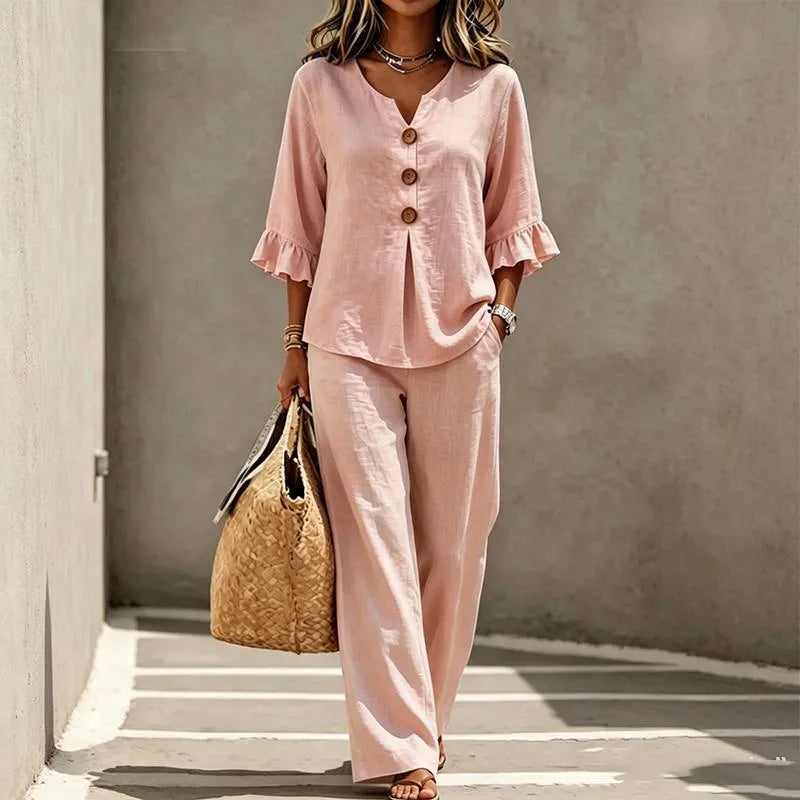 Lunavia – Linen-Look 2-Piece Set, Ruffle-Cuff Top & Wide-Leg Trousers, Women's Coordinated Outfit