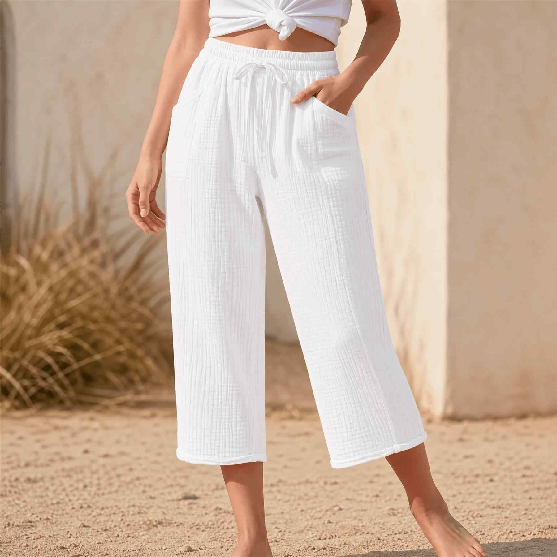 Linelle™ – Women's Crinkle Wide-Leg Cropped Pants with Pockets