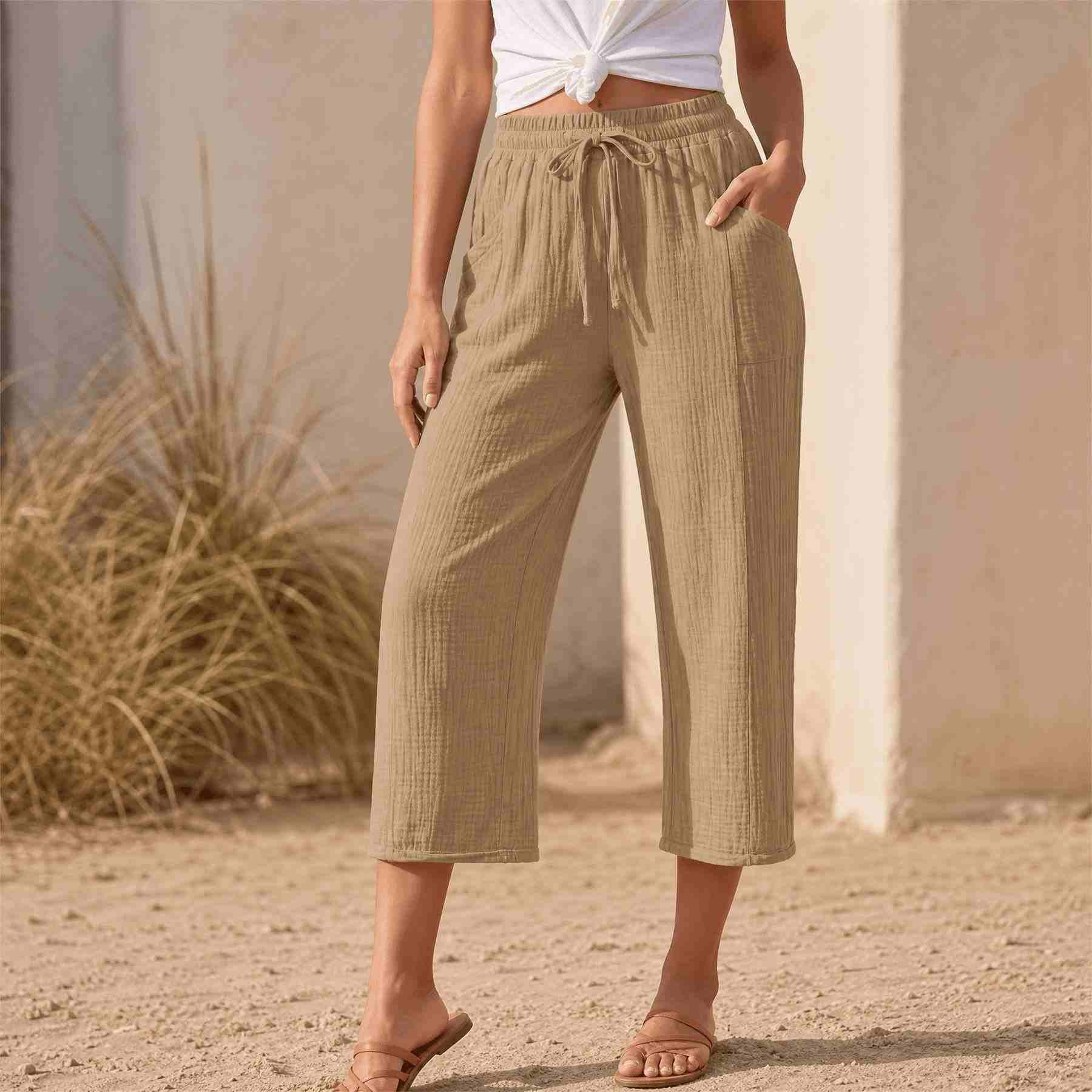 Linelle™ – Women's Crinkle Wide-Leg Cropped Pants with Pockets
