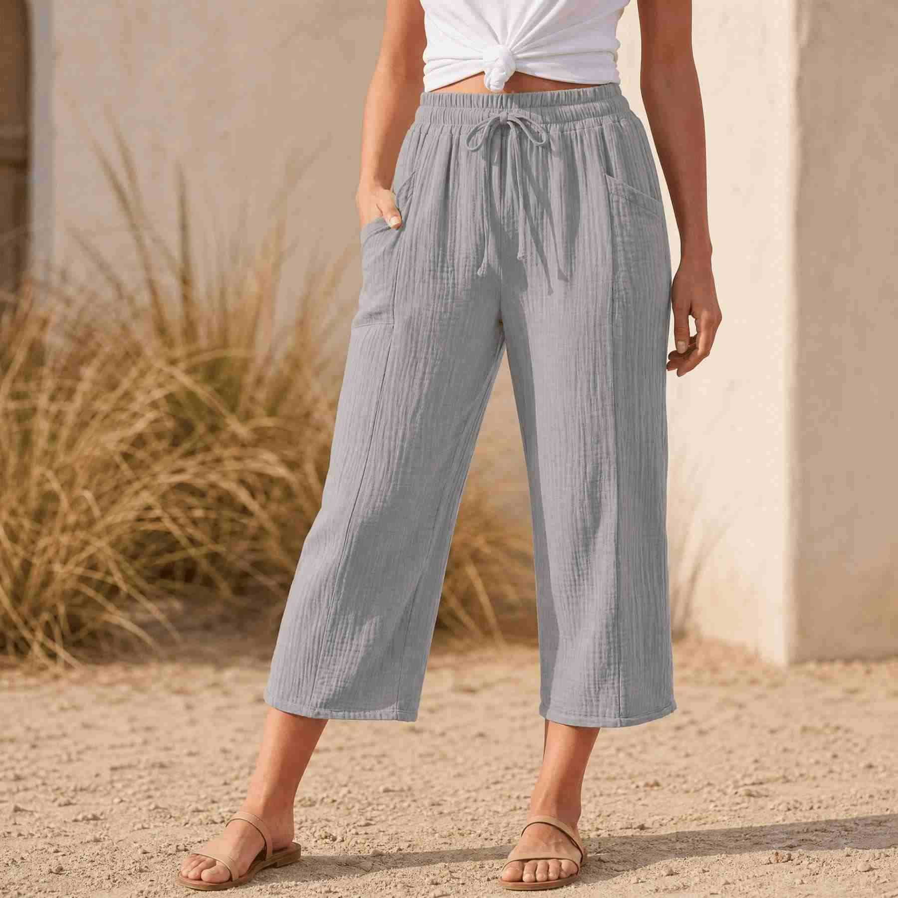 Linelle™ – Women's Crinkle Wide-Leg Cropped Pants with Pockets