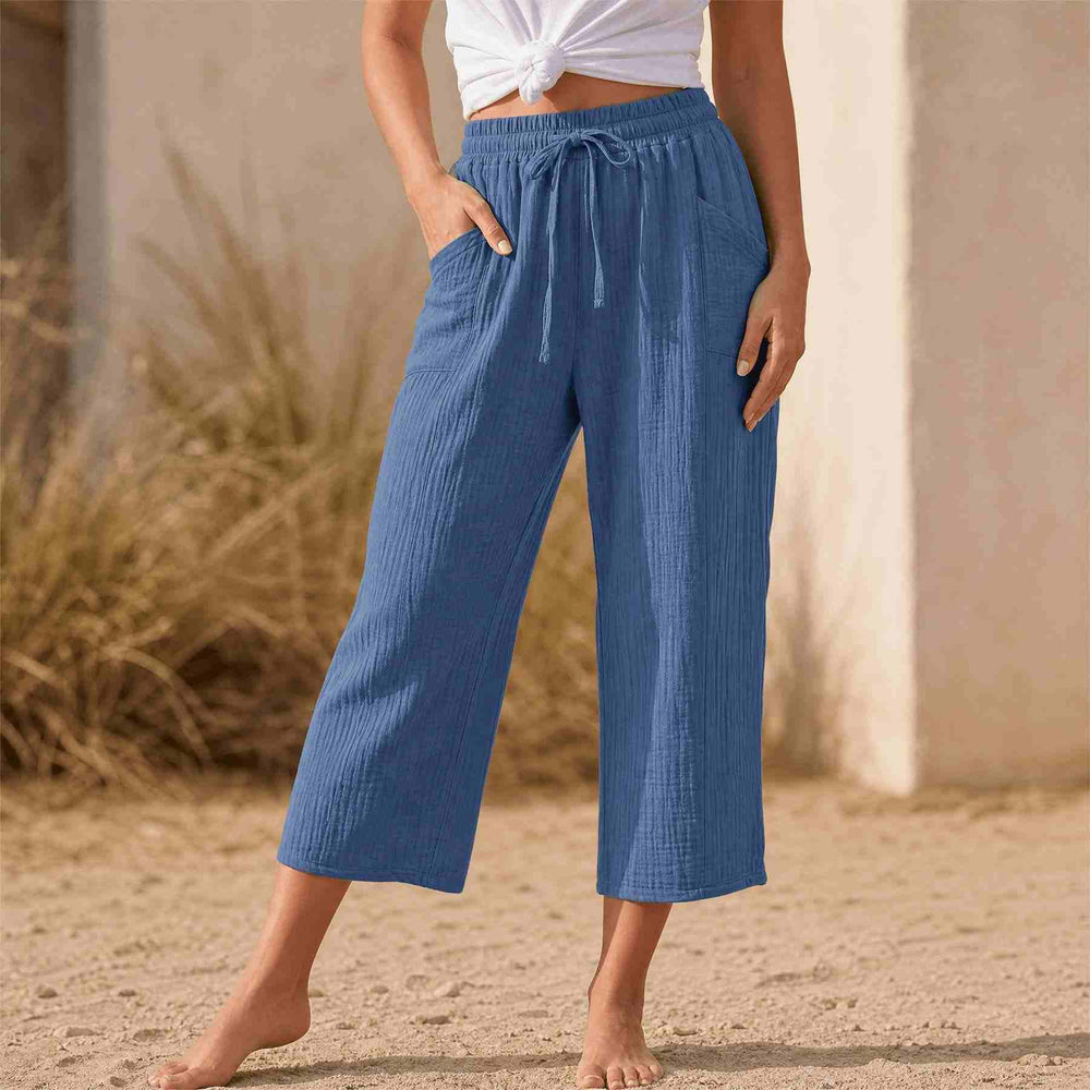 Linelle™ – Women's Crinkle Wide-Leg Cropped Pants with Pockets