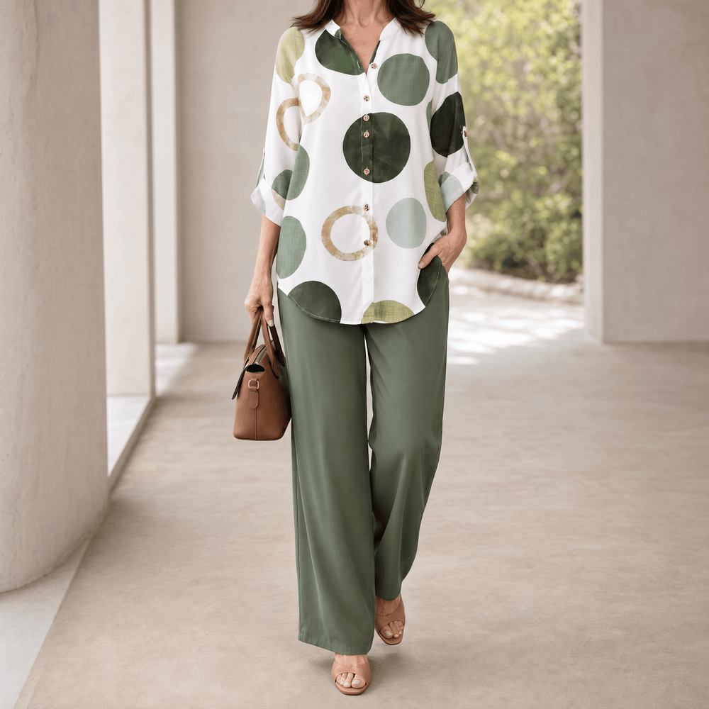 Monica – Women's Abstract Print 2-Piece Set, Blouse and Wide-Leg Trousers