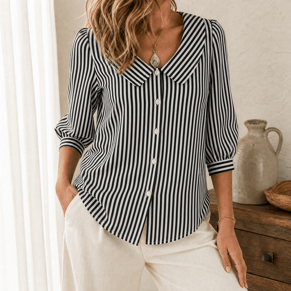 Solène – Women's Striped Sailor Collar Blouse with Puff Sleeves