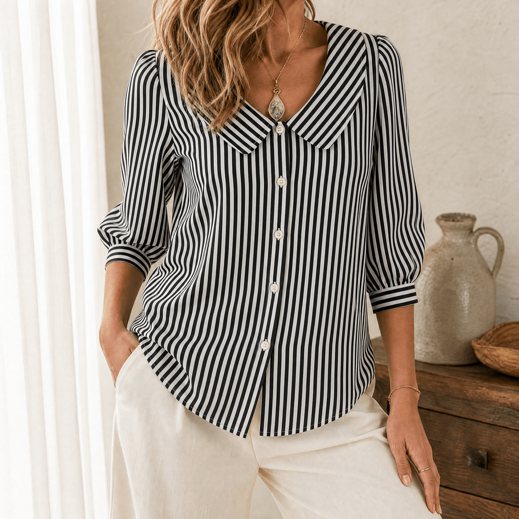 Solène – Women's Striped Sailor Collar Blouse with Puff Sleeves