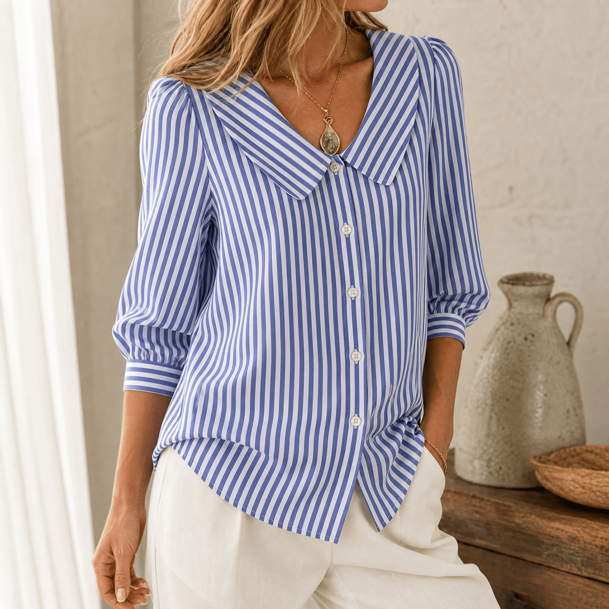 Solène – Women's Striped Sailor Collar Blouse with Puff Sleeves