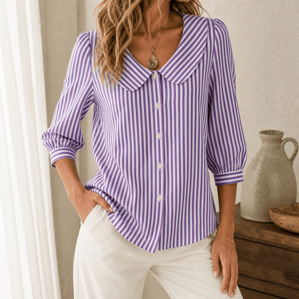 Solène – Women's Striped Sailor Collar Blouse with Puff Sleeves