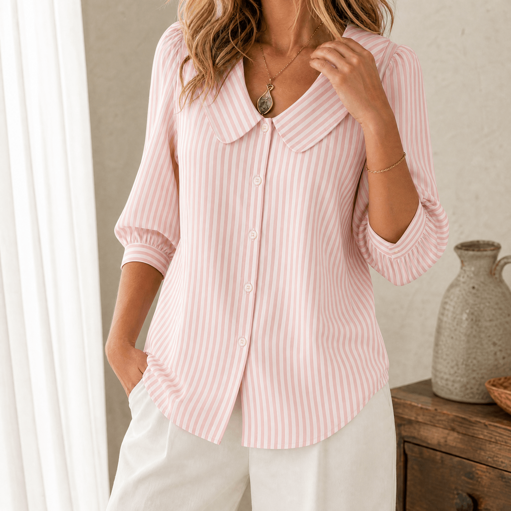 Solène – Women's Striped Sailor Collar Blouse with Puff Sleeves