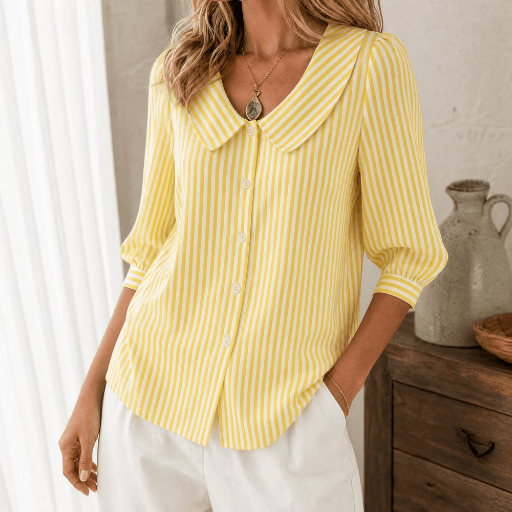 Solène – Women's Striped Sailor Collar Blouse with Puff Sleeves