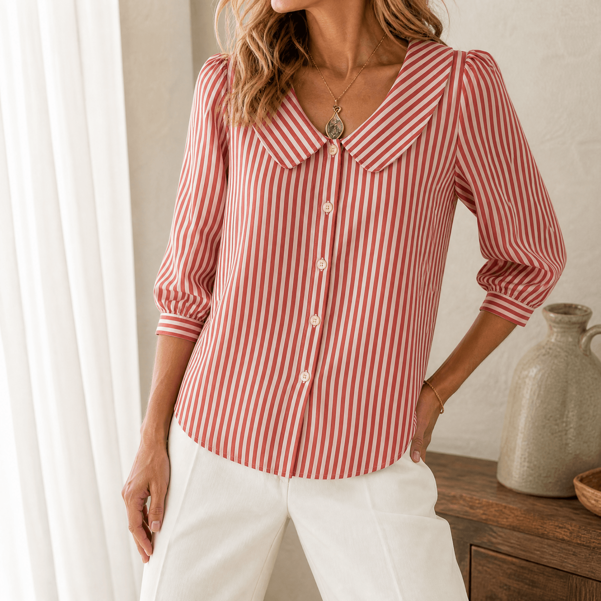 Solène – Women's Striped Sailor Collar Blouse with Puff Sleeves