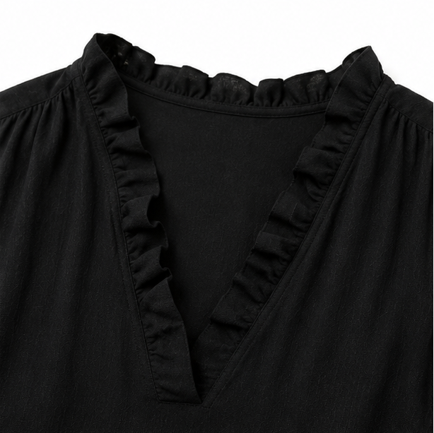 Soléra – Boho Ruffle V-Neck Maxi Dress with Roll-Up Sleeves