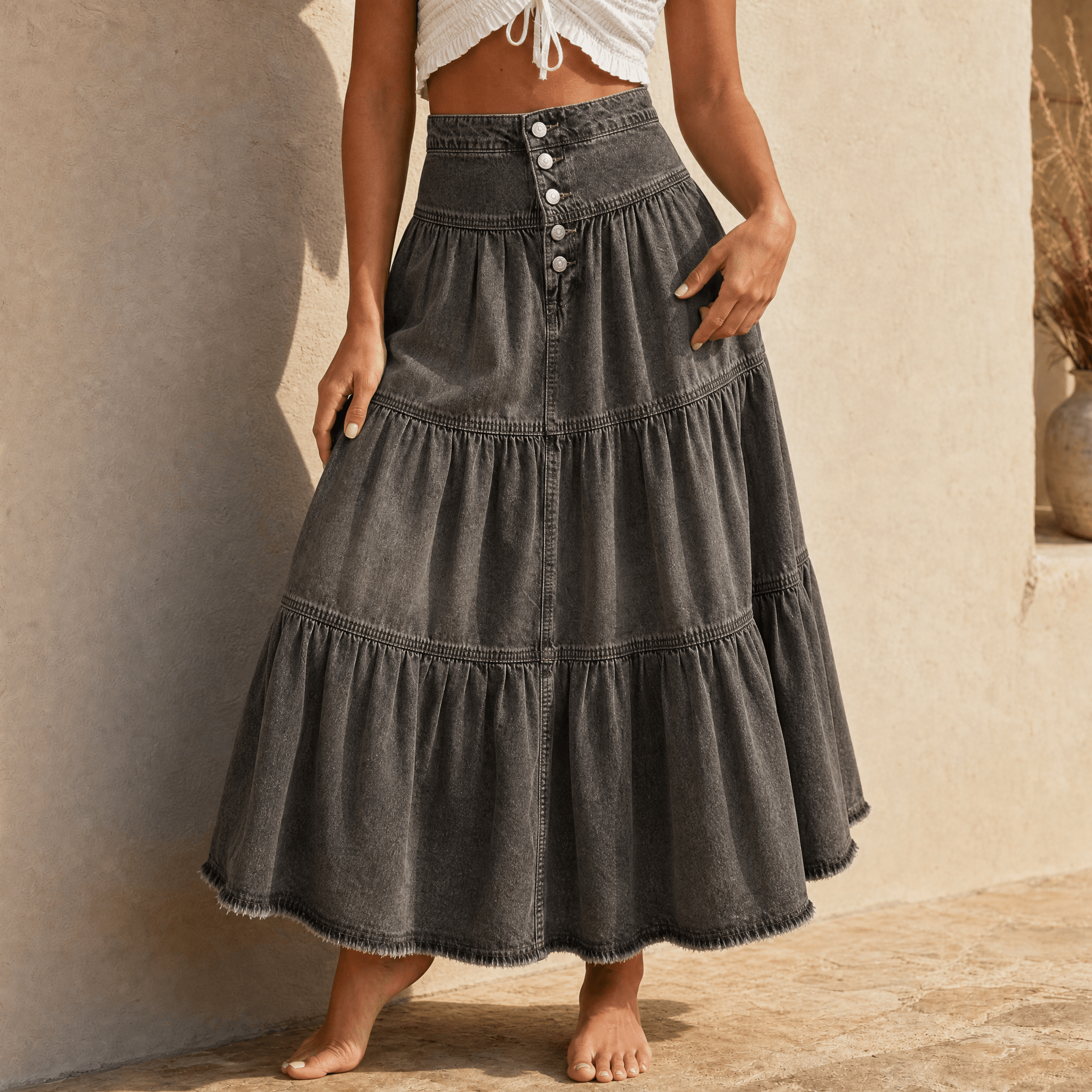 Soléra – Women's Soft Button-Front Denim Maxi Skirt