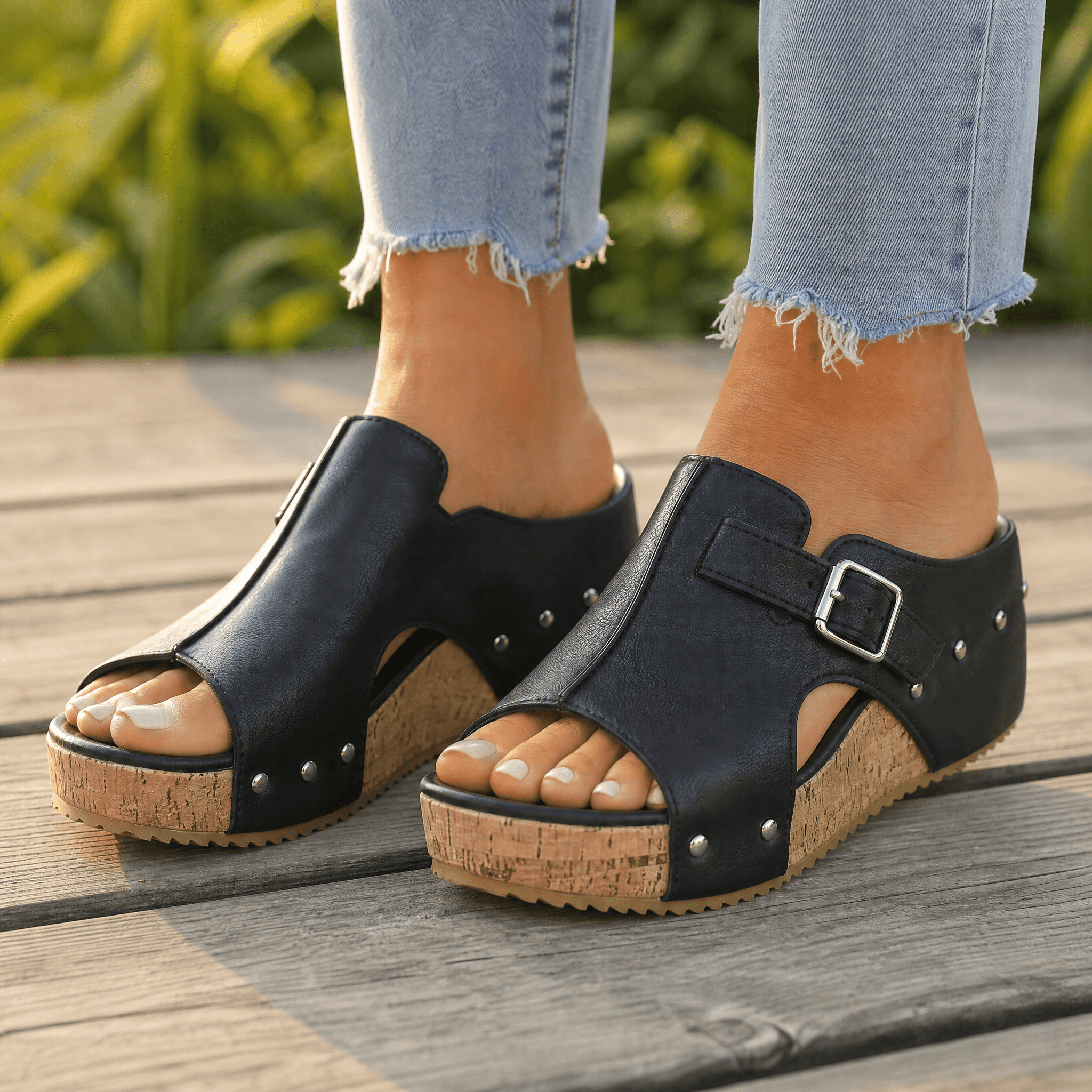 Solana – Retro Cork Wedge Sandals with Rivet Detail