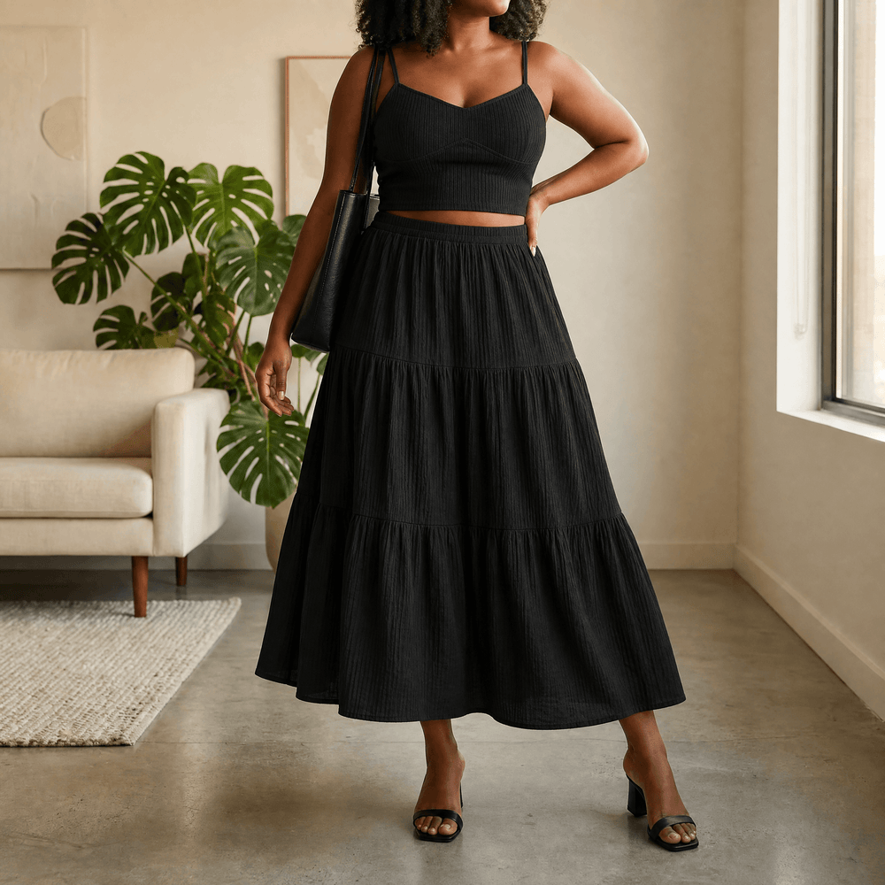 Solavie – Tiered Maxi Skirt and Cami Matching Set