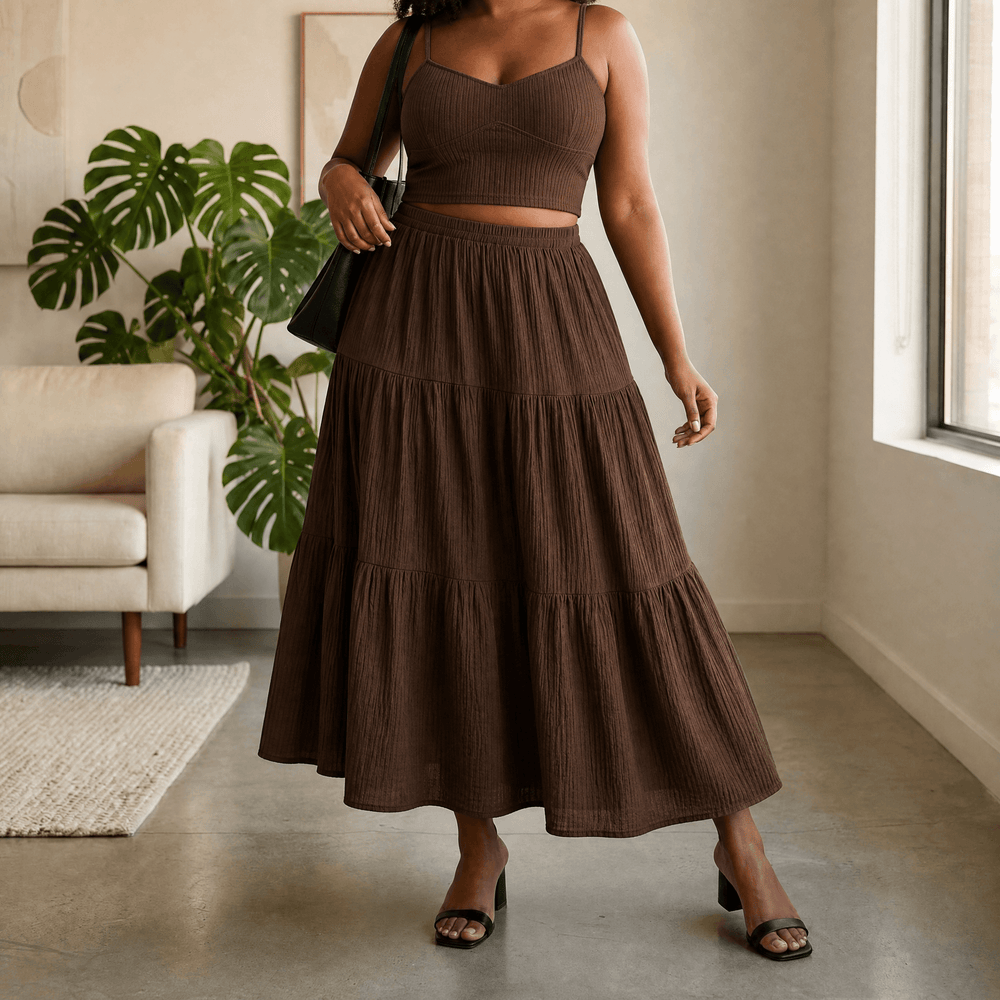 Solavie – Tiered Maxi Skirt and Cami Matching Set