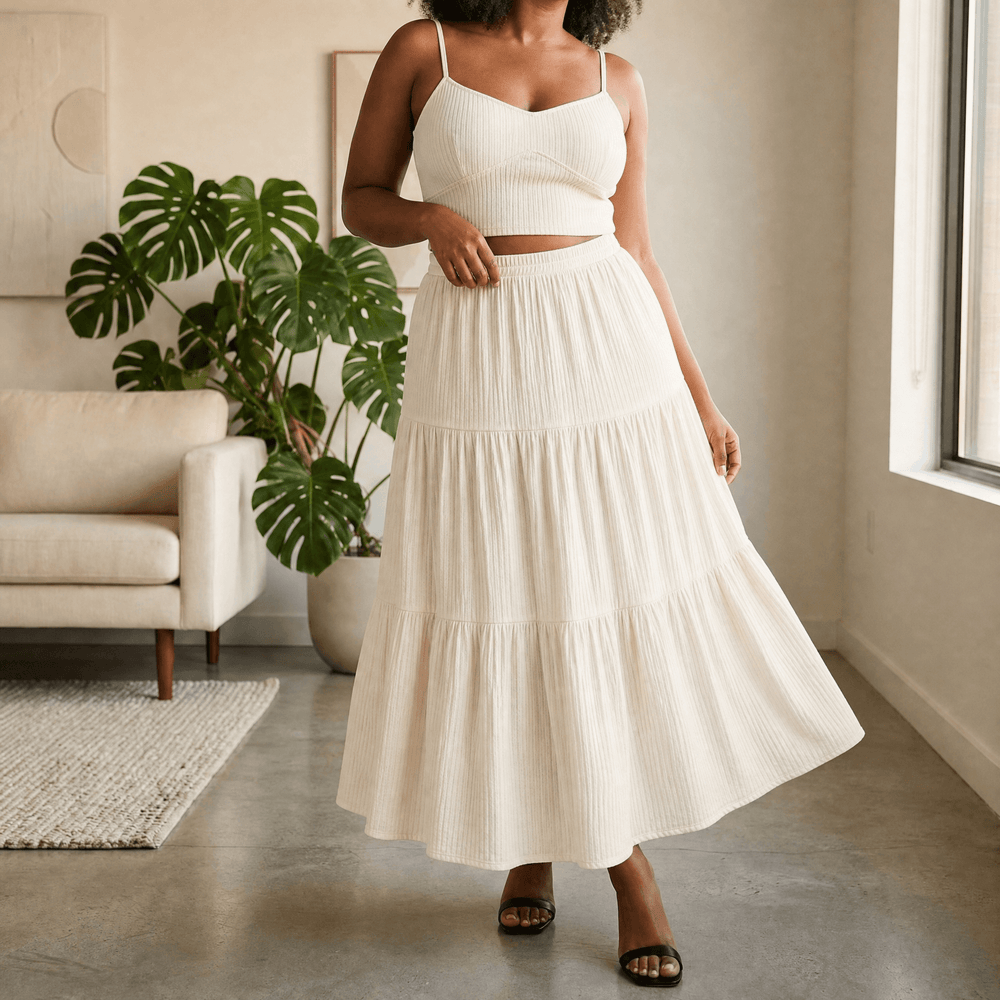 Solavie – Tiered Maxi Skirt and Cami Matching Set