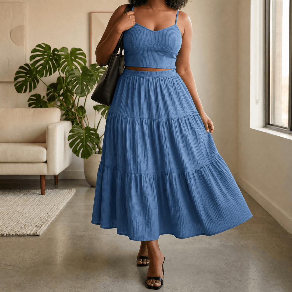 Solavie – Tiered Maxi Skirt and Cami Matching Set