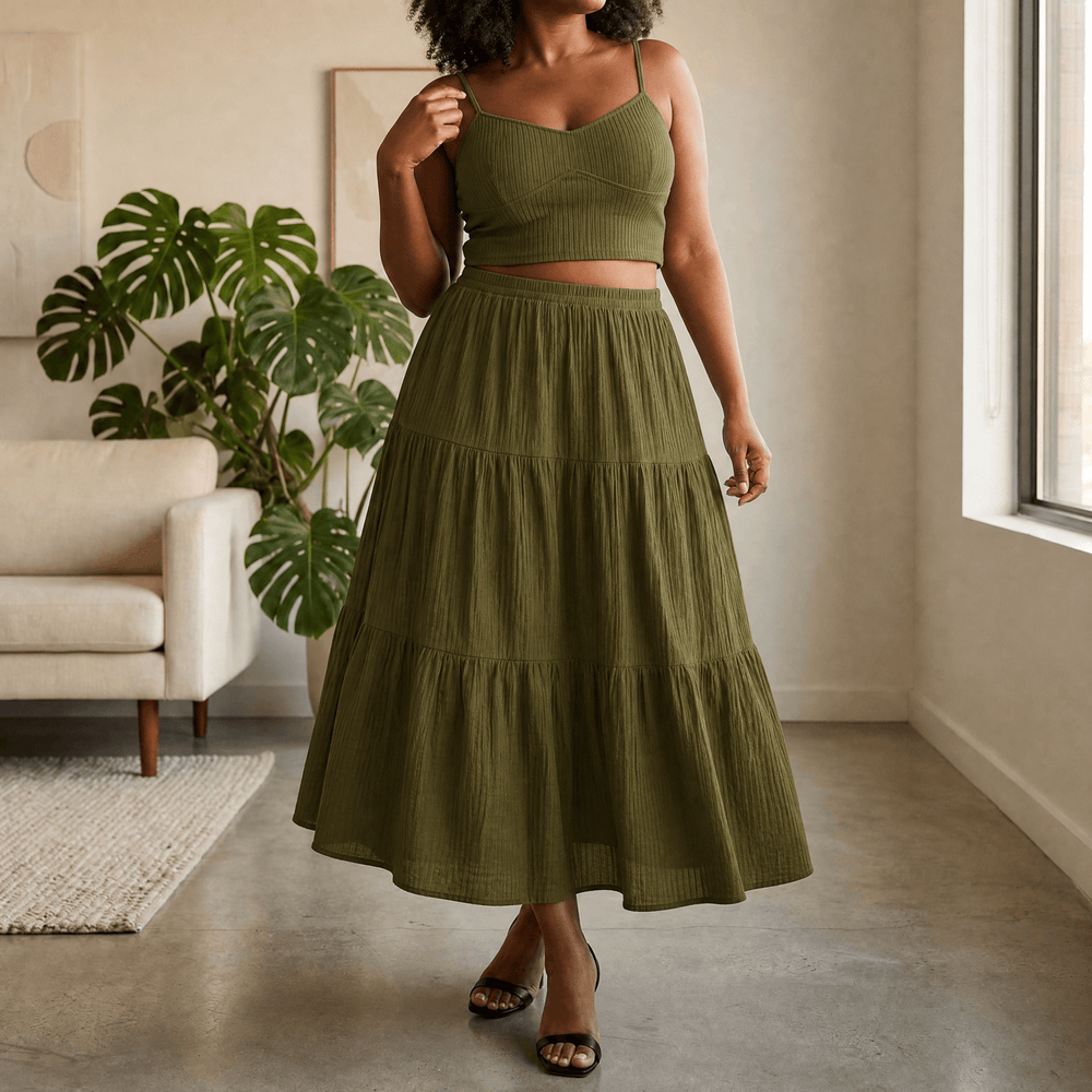 Solavie – Tiered Maxi Skirt and Cami Matching Set