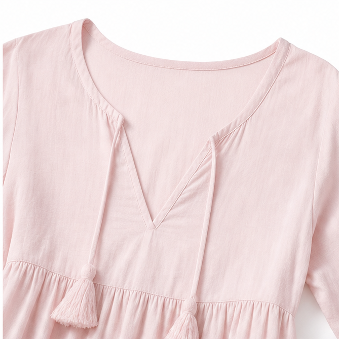 Soleia – Flowy Tiered V-Neck Midi Dress with Tassel Tie, Soft Feel, Half Sleeve