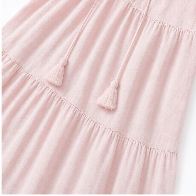 Soleia – Flowy Tiered V-Neck Midi Dress with Tassel Tie, Soft Feel, Half Sleeve