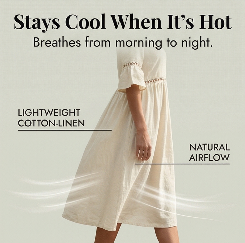 Solenne – Women's Breathable Cotton Linen Lace Midi Dress