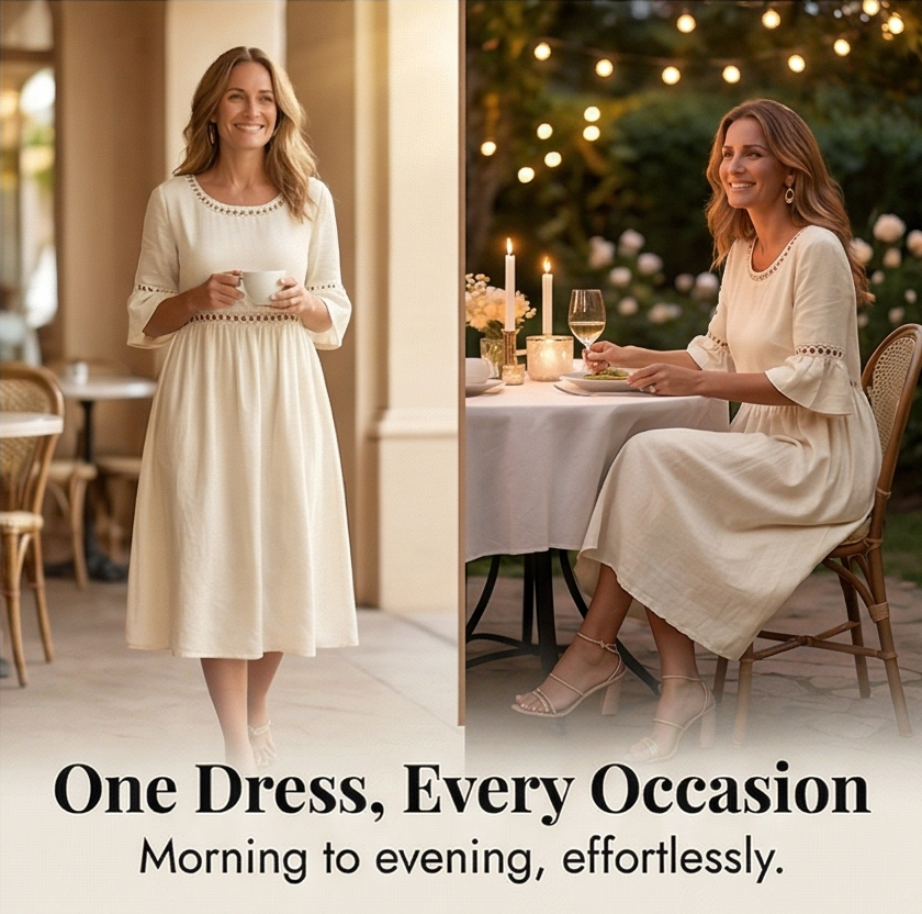 Solenne – Women's Breathable Cotton Linen Lace Midi Dress