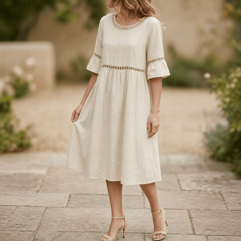 Solenne – Women's Breathable Cotton Linen Lace Midi Dress