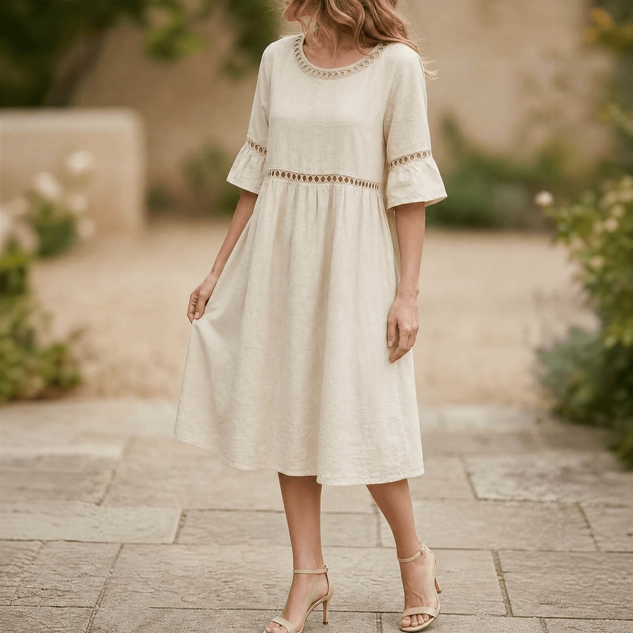 Solenne – Women's Breathable Cotton Linen Lace Midi Dress