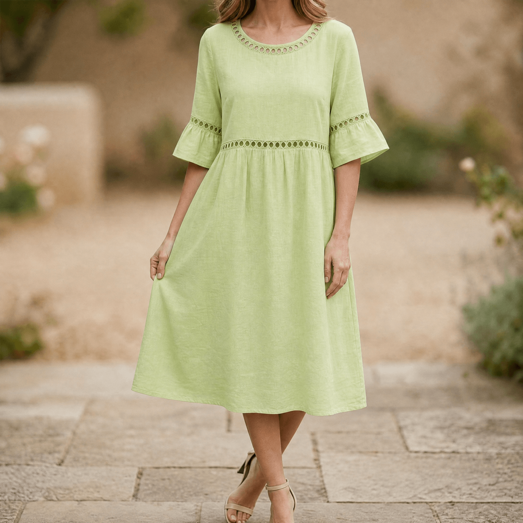 Solenne – Women's Breathable Cotton Linen Lace Midi Dress