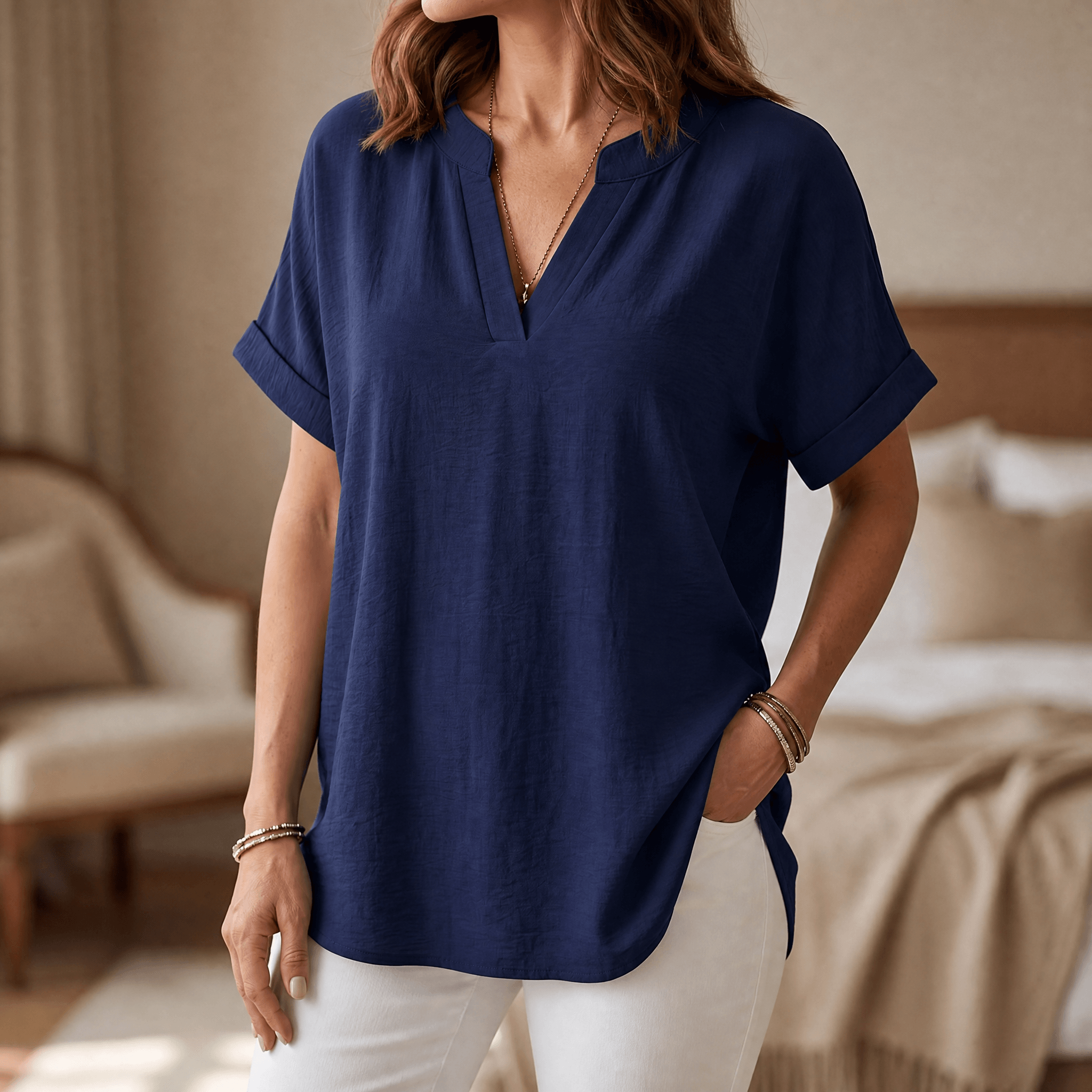 Solenne – Women's Soft Drape V-Neck Blouse