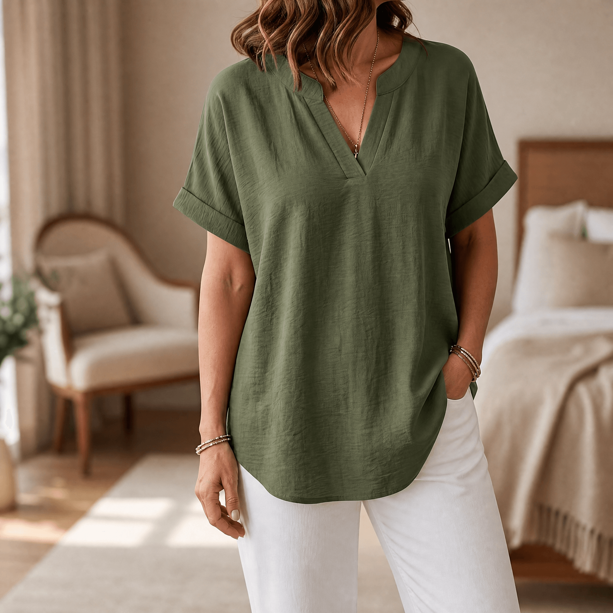 Solenne – Women's Soft Drape V-Neck Blouse