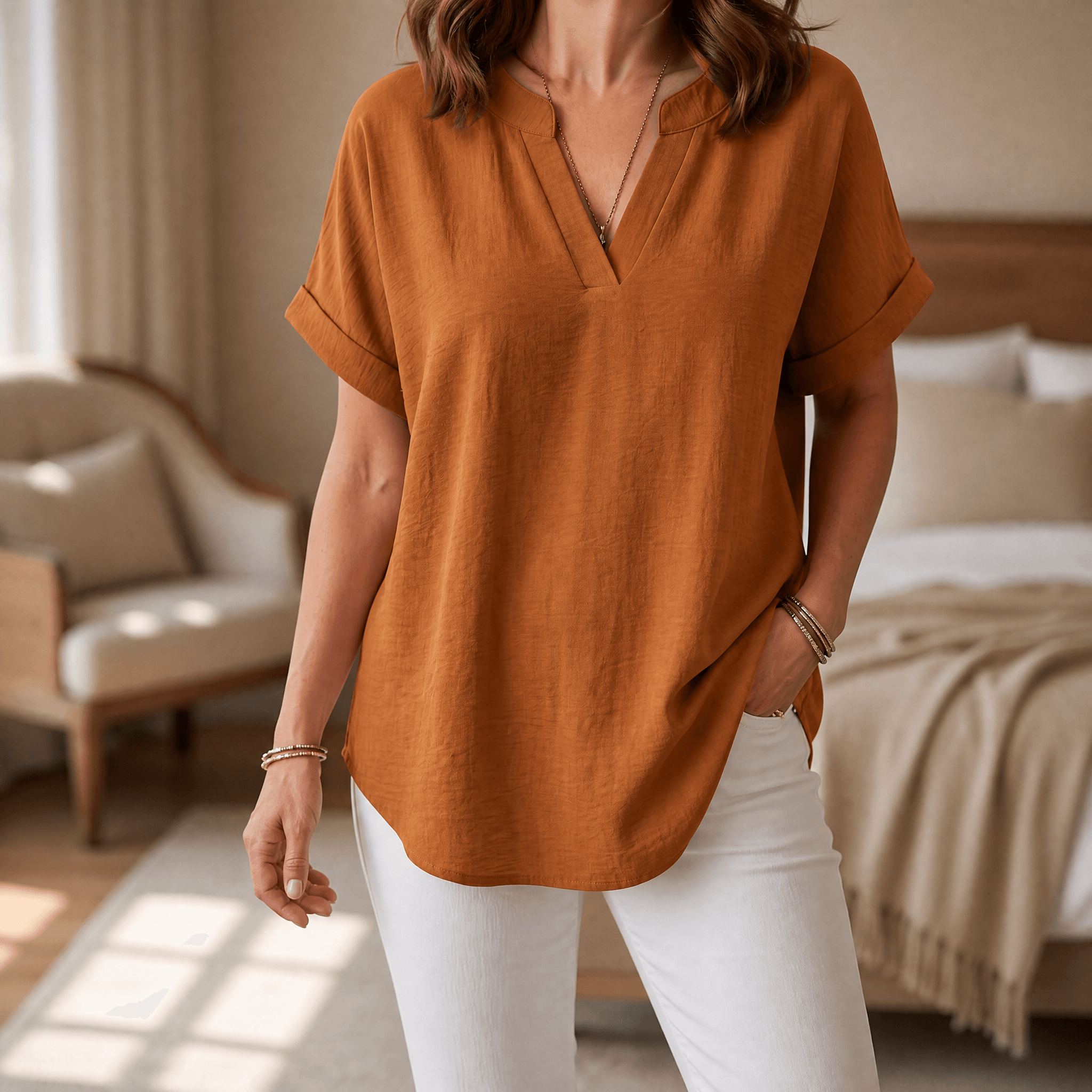 Solenne – Women's Soft Drape V-Neck Blouse