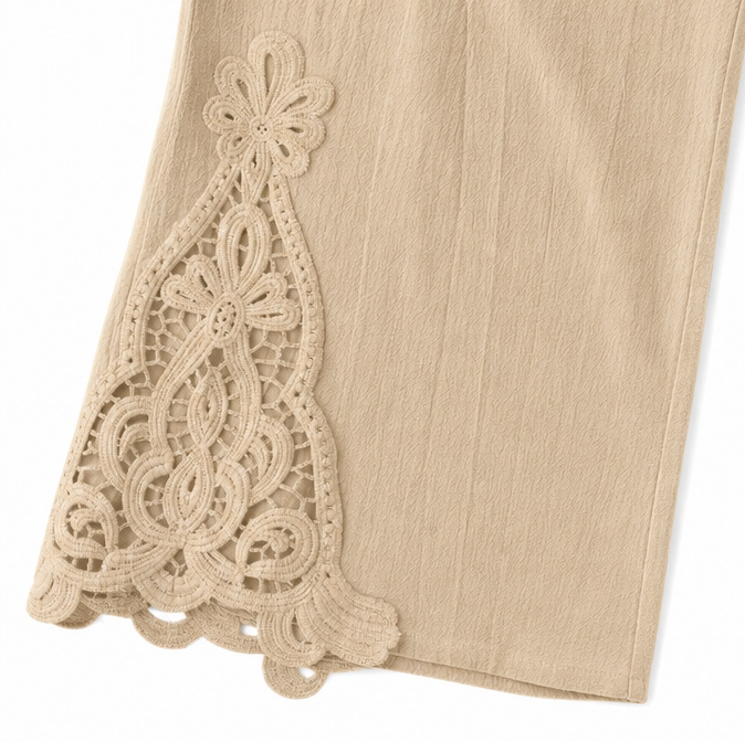 Solenne – Women's Wide Leg Drawstring Pants with Floral Cutwork Hem