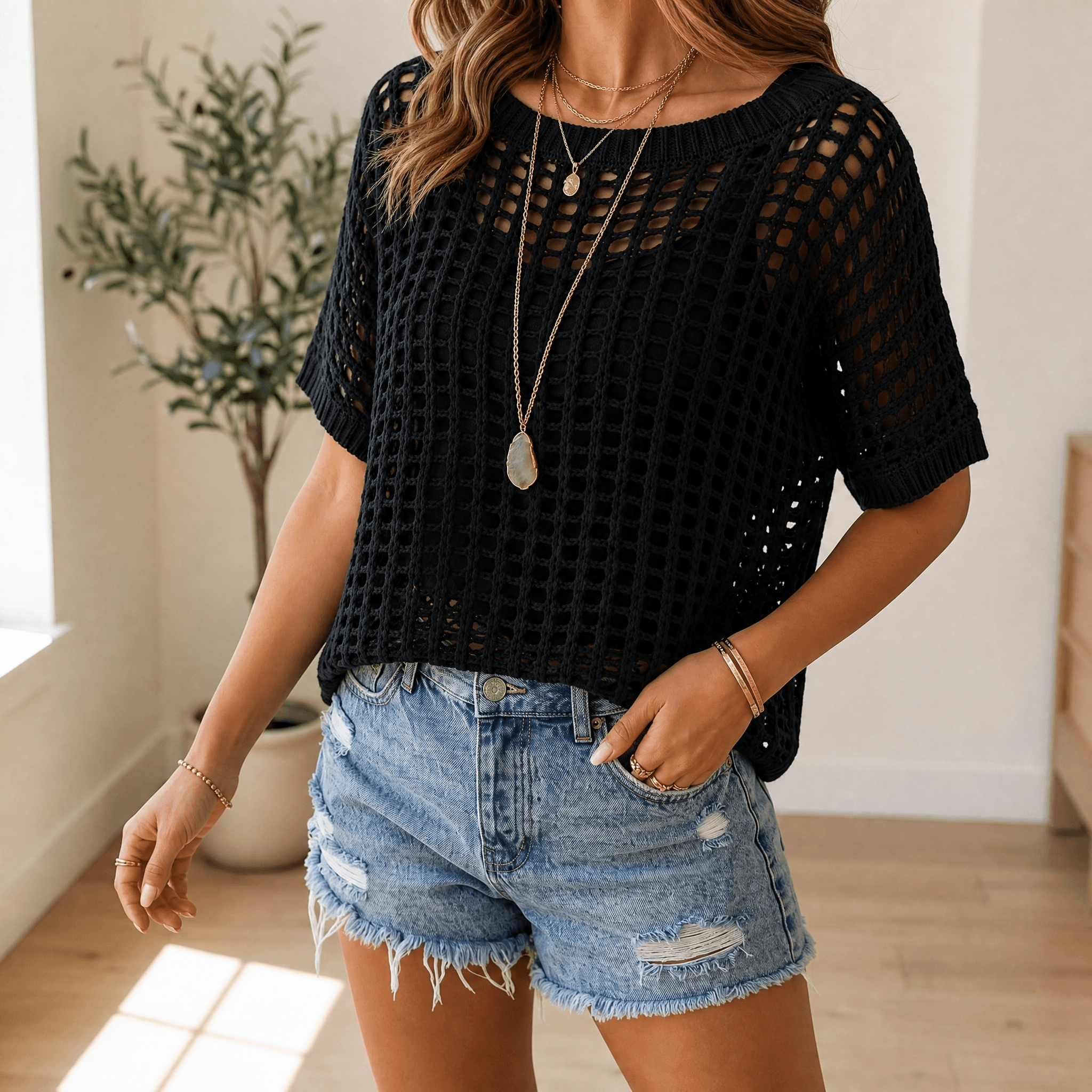 Solenya – Women's Breezy Open-Knit Summer Top