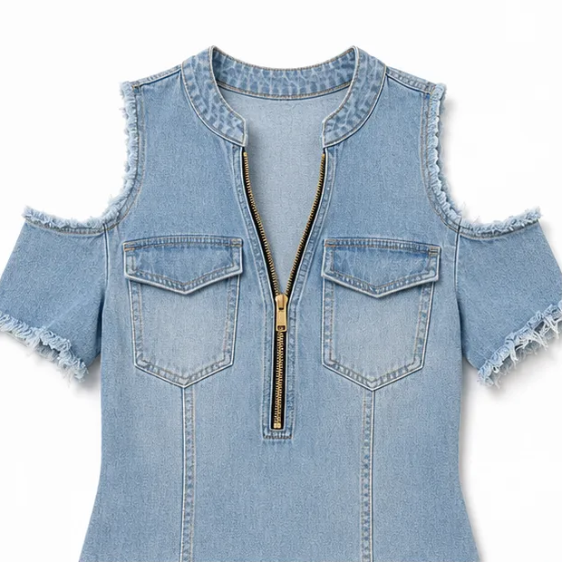 Solera – Cold Shoulder Zip Front Frayed Denim-like Mini Dress