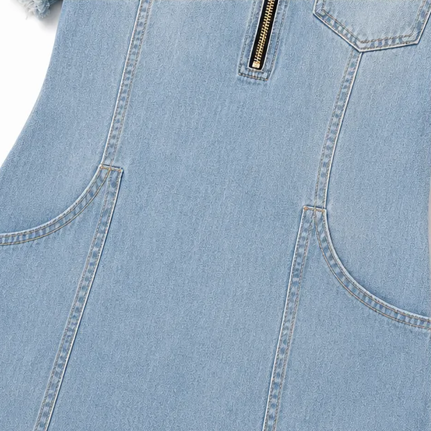 Solera – Cold Shoulder Zip Front Frayed Denim-like Mini Dress