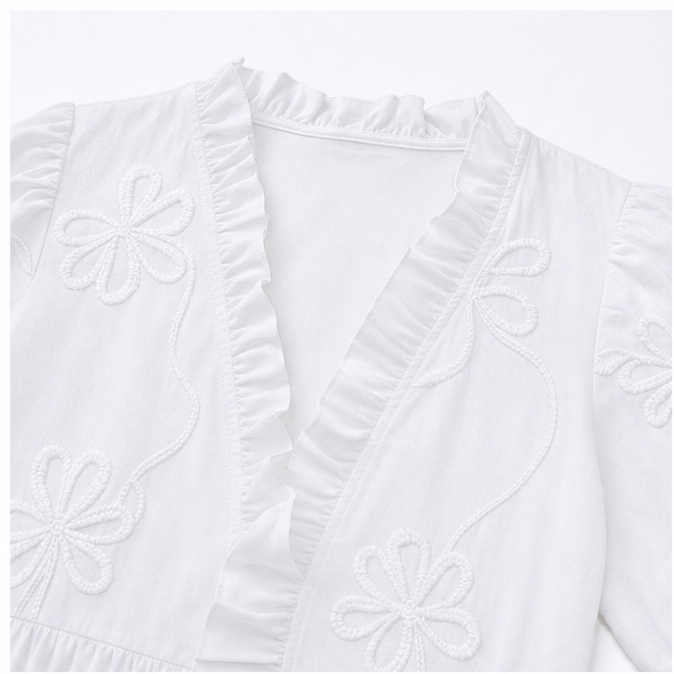 Soliera – Floral Puff Sleeve Midi Dress with Ruffle V-Neck